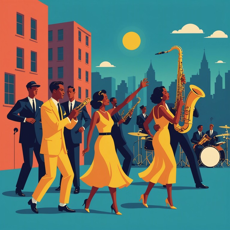 Imagine a bright, sunny afternoon at a lively outdoor jazz festival in the 1940s. The song features a spirited swing rhythm that makes you want to dance. It is characterized by a bouncy, upbeat tempo, perfect for outdoor gatherings or a feel good playlist.