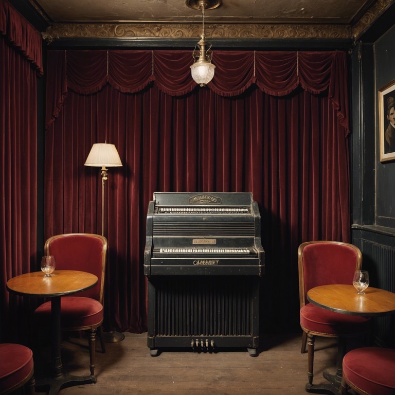 A melodramatic performance hidden within the velvety folds of an old cabaret stage, where forgotten secrets resonate through the somber tones of an accordion.