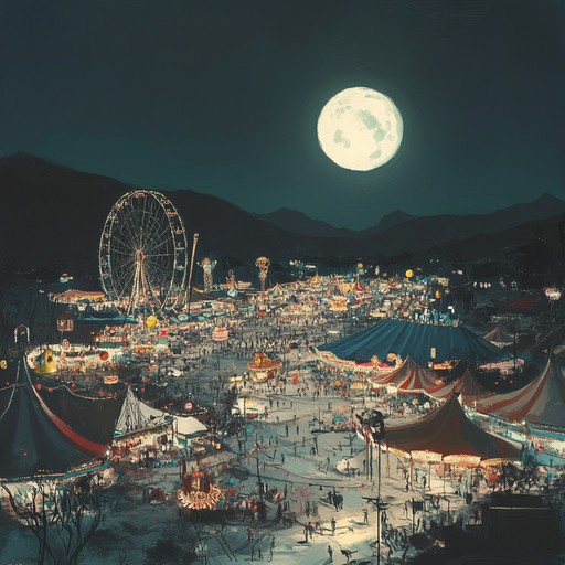 This composition extends the sensations of a carnival brimming with activity beneath a boundless, starry sky as the moon casts a silvery glow, enhancing the magic of fleeting moments captured in the joyful chaos of festival attractions.