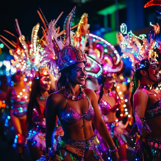 A spirited fusion track featuring dynamic electric guitar riffs and lively rhythms inspired by street parades, blending energetic carnival beats with modern electronic elements to create an exhilarating, electrifying soundscape