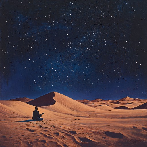 Imagine a solitary figure playing the oud under a canopy of countless stars in an unending desert, the music echoing the ancient stories and spirits of the sands.