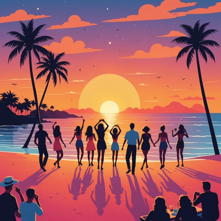 Imagine a track where the vibrant energy of a quintessential beach party meets the soothing sunset. The music features energetic, pulsating rhythms that emulate the feeling of dancing on warm sands as the sun dips below the horizon, casting a golden glow. The scene is lively yet comforting, filled with laughter and the soft rush of waves.