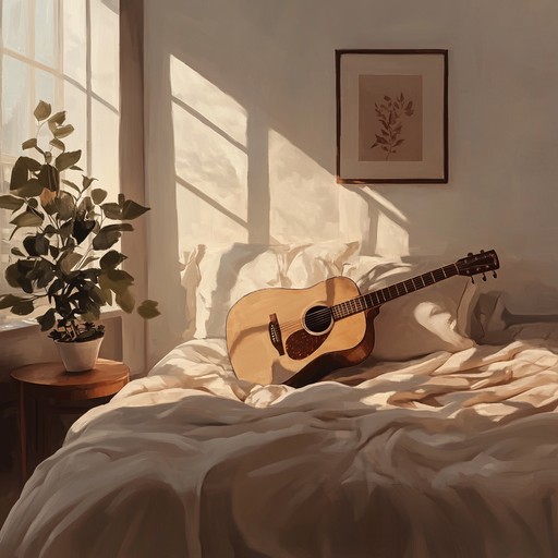 Experience a tranquil nocturnal atmosphere as softly strummed guitar chords blend with gentle electronic pads, offering a serene and dreamy backdrop perfect for winding down in a cozy bedroom after a long day