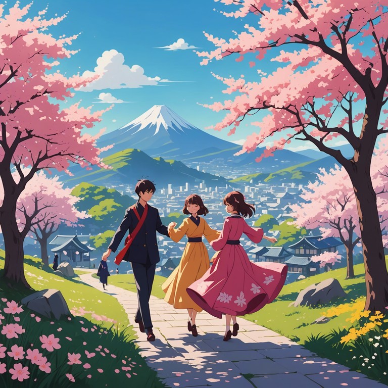 Imagine a scene filled with blooming cherry blossoms swirling around joyous, animated characters, all moving rhythmically to an uplifting, lighthearted melody that captures the essence of spring and happiness in a fantastical anime world.