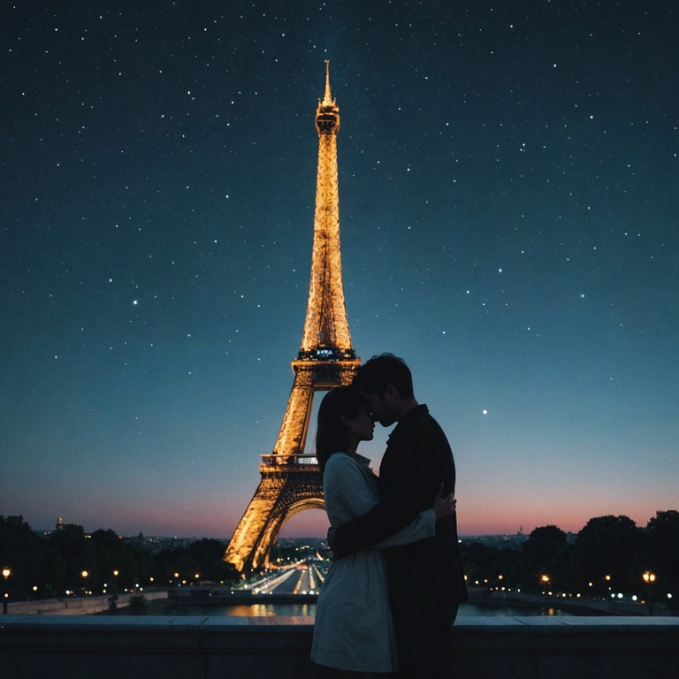 A tender composition that captures the essence of a romantic, moonlit night in paris, with soft melodies that suggest whispers of love and longing amidst the backdrop of the iconic eiffel tower. Such music would serenade lovers as they stroll through moonlit streets, enveloping them in a dreamy, emotional embrace.