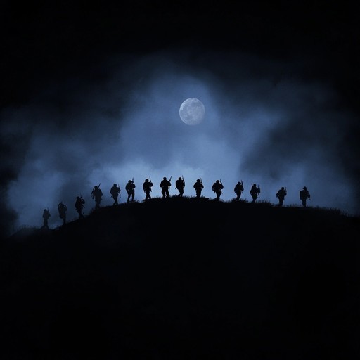 A haunting instrumental piece that blends mysterious melodies with the rhythms of a military march, evoking the tension and intrigue of soldiers moving under the cloak of darkness.