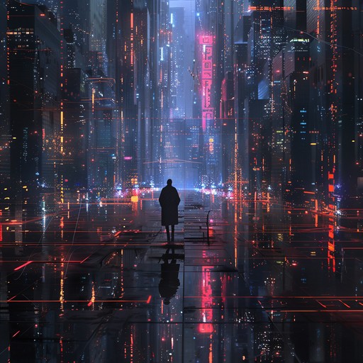 An ethereal ambiance of haunting synths and glitch elements, evoking wistful memories of a future yet to happen. The soundscape paints a holographic city bathed in neon lights, interspersed with digital noise, bringing a melancholic, reflective mood perfect for cyberpunk tales.