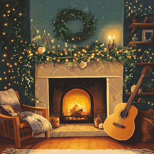 An instrumental piece that blends soft acoustic guitar melodies with gentle sleigh bells, capturing the cozy atmosphere of festive evenings by the fireplace, surrounded by loved ones and laughter. The music flows smoothly, evoking feelings of comfort, happiness, and togetherness during the holiday season.