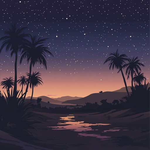 An instrumental piece that blends traditional middle eastern instruments with ambient sounds to create a tranquil atmosphere reminiscent of a serene desert oasis at sunset