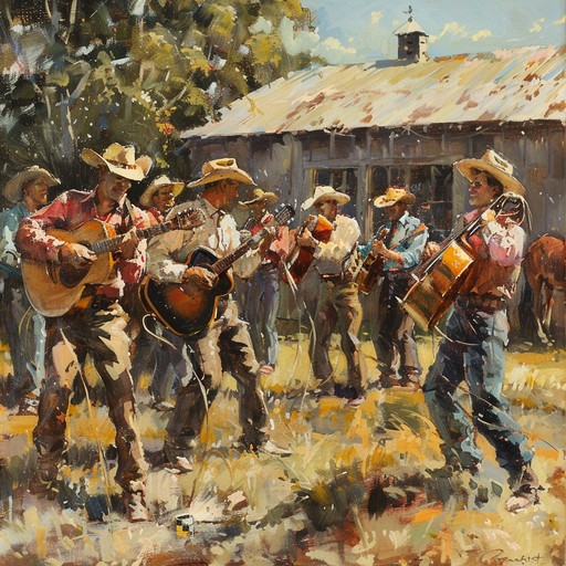 A spirited composition filled with twangy guitars, harmonica solos, and lively percussion. It captures the euphoric emotion of a cowboy gathering or rodeo, offering an upbeat and festive atmosphere perfect for any celebratory occasion in a western setting.