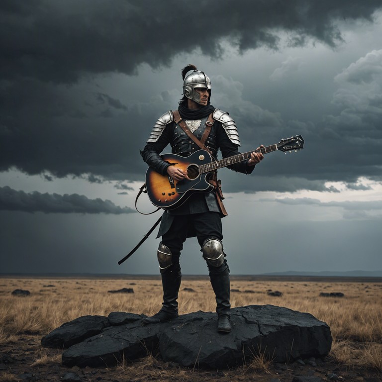 In this track, classical symphonic arrangements fuse with the raw power of rock music, featuring a dynamic interaction between a commanding electric guitar and a full orchestra, crafting a soundscape that portrays an epic battle scene. The composition begins with a soft string section that builds into a robust, energetic guitar solo, mimicking the ebb and flow of an ancient and storied confrontation.