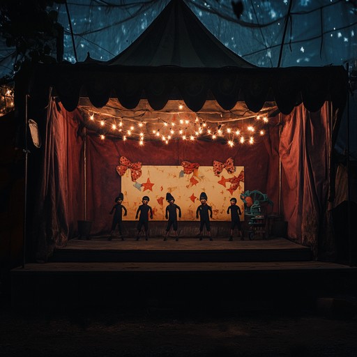 An instrumental cabaret composition that weaves mischievous melodies with a dark undertone, reminiscent of a twisted puppet show in a shadowy theater, blending playful circus vibes with eerie nuances to create an enchanting yet unsettling atmosphere.