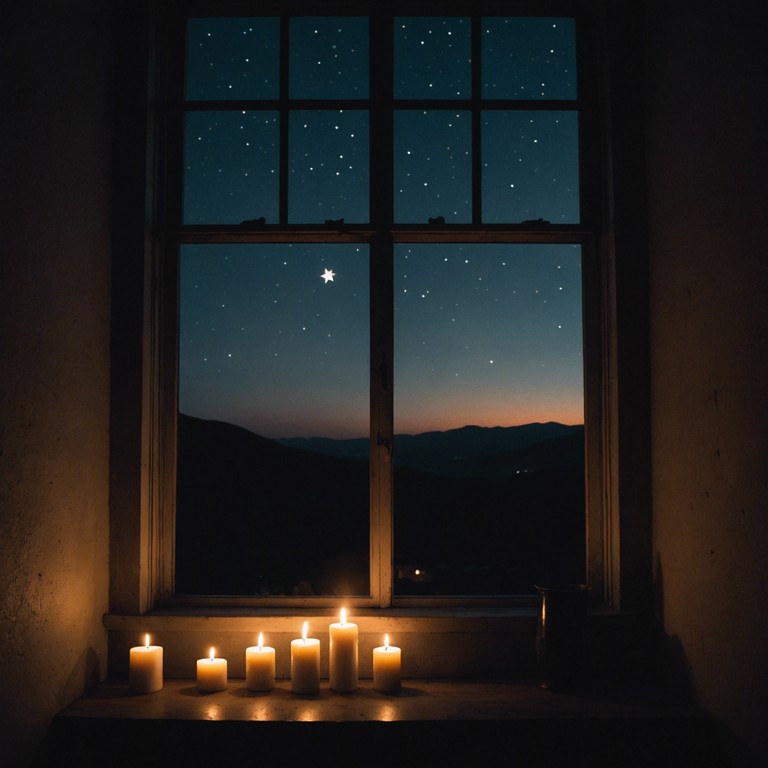 In a small, cozy room lit by the soft glow of candlelight, the gentle sound of a piano weaves through whispered conversations under a simulated night sky. This composition captures the essence of secret tales and tender moments shared under the watchfulness of twinkling stars.