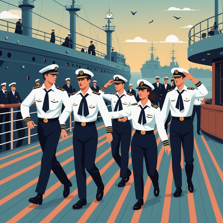 A lively and rhythmic instrumental that captures the essence of a joyful day on a russian navy ship. The melody, infused with traditional russian harmonic scales, evokes images of sailors dancing gleefully during a break, with the sea's vastness all around them. The music combines a sense of freedom and lightheartedness, typical of a navy crew enjoying a moment of respite.