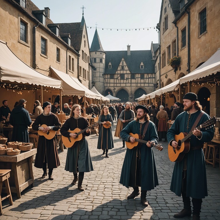 Picture an early dawn at a lively medieval festival where jesters play the lute and dancers swirl in colorful garb, the music setting a tone of delight and festive energy.