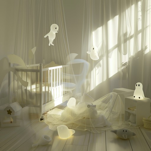 Envision a haunted toy box where eerie whispers intertwine with delicate toy piano notes, evoking a spine chilling yet nostalgic sense of ghostly childhood memories.