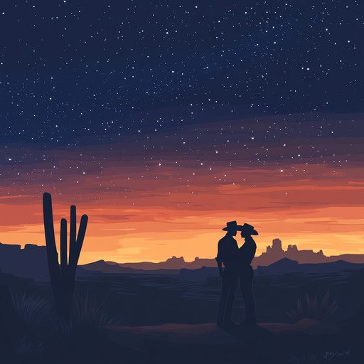 An acoustic composition that captures the essence of romantic, late night rendezvous in a quiet, star filled desert environment. Soft, smooth guitar lines weave through the melody, accented by gentle percussion, creating an evocative ambiance perfect for a secluded western love story.