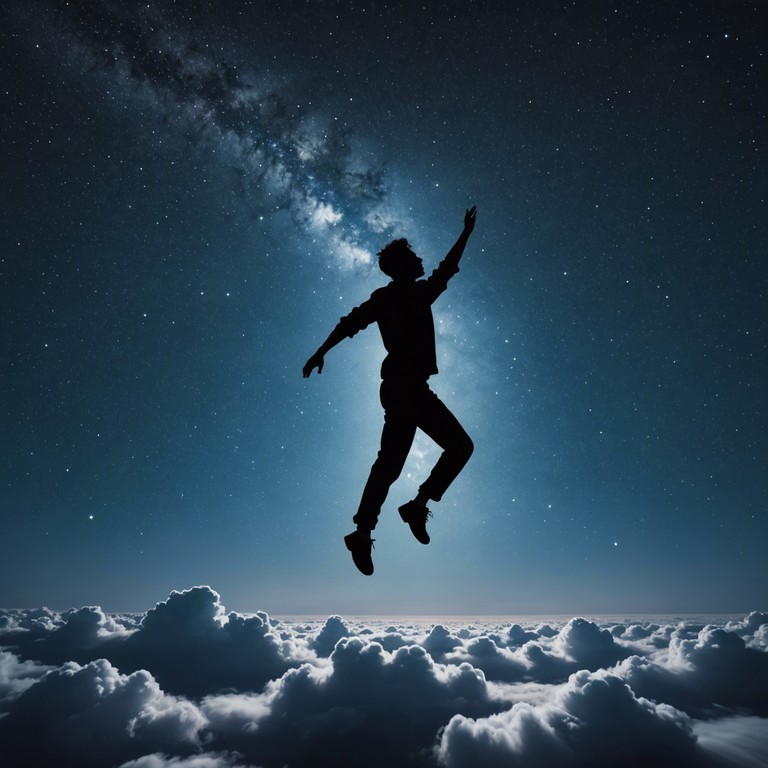 Imagine yourself dancing amidst clouds under a starlit sky, each note building upon the last to form an ethereal symphony of sounds. The music is composed of layers of synths that mimic the feeling of elevation and bliss, building up with dynamic transitions to sustain engagement and promote a sense of wonder.