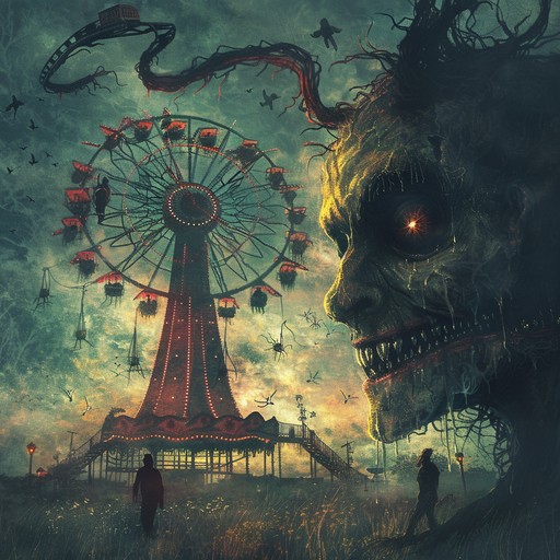 An eerie and haunting melody played on a distorted music box weaves through discordant layers of ghostly organ, creepy circus calliope, and unnerving sound effects, creating a nightmarish atmosphere that evokes the feeling of being trapped in an abandoned carnival populated by malevolent spirits and twisted, decaying rides