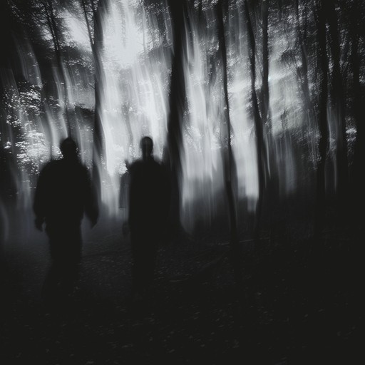 A dark ambient composition that portrays a shadowy forest with murmurings in the wind, stirring feelings of unease and anxiety. The distant and eerie sounds amplify the unsettling atmosphere beckoning listeners into a state of anxious suspense.