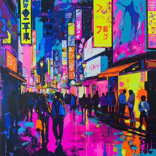 An explosive mix of upbeat j pop blended with rapid tempo changes, erratic rhythms, and vibrant synth melodies to create a whirlwind of sound that evokes an energetic and unpredictable atmosphere.