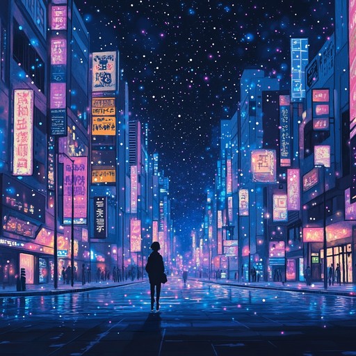 An instrumental track blending gentle synth melodies with dreamy atmospheres, capturing the essence of cruising through neon lit streets under a starry night sky.