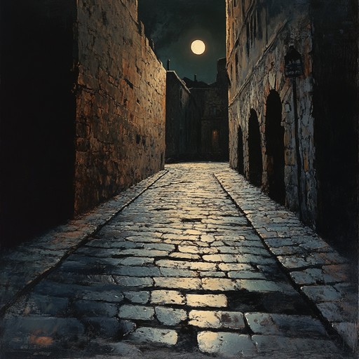 In this track, the eerie stillness of ancient cobblestone streets under a full moon is captured using subtle, ominous music tones. Marimba notes drop like footfalls in an empty alley, echoing against the backdrop of a distant thunderstorm, creating a sense of impending danger and enigmatic allure.