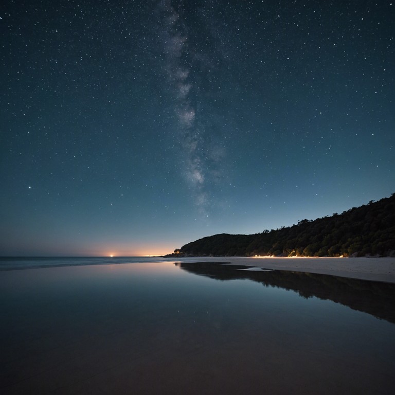 Imagine a serene nighttime beach where the gentle sounds of ocean waves blend seamlessly with soft electronic pulses, creating a soothing soundscape. This track uses a blend of ambient synthesizers and oceanic sound recordings to evoke the peacefulness of the sea under a starlit sky.