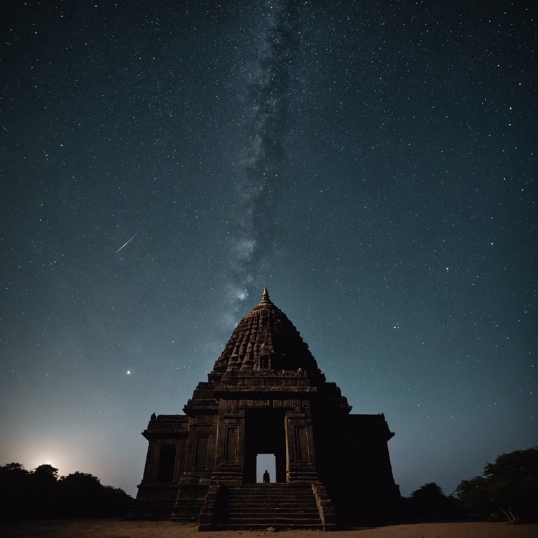 An instrumental track featuring the haunting tones of a sitar, evoking the eerie stillness of a moonlit night. Enriched with the intricate rhythms of hindustani music, the composition tells a tale of time forgotten secrets whispered through generations. The atmospheric pressure of the music slowly builds, drawing the listener into the depths of india's majestic nights, where legends and spirits come to life.