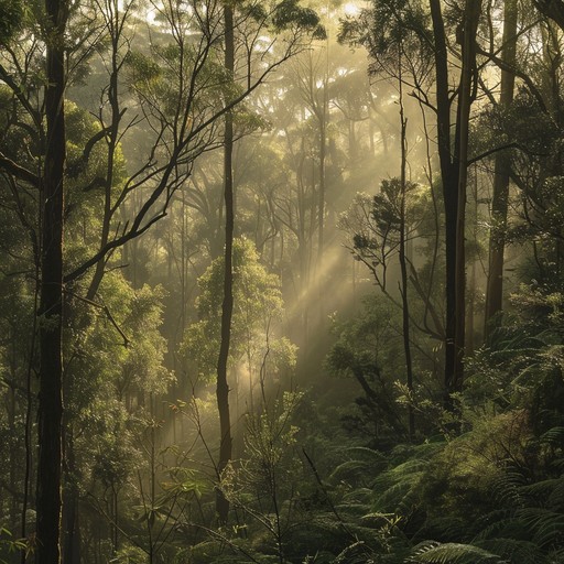 An evocative ambient piece that captures the serenity and mystical atmosphere of an ancient forest, using rich textures and natural soundscapes to create a tranquil, immersive experience. Gentle echoes of distant wildlife, rustling leaves, and flowing water blend harmoniously with ethereal musical tones, inviting listeners to unwind and lose themselves in nature's embrace.