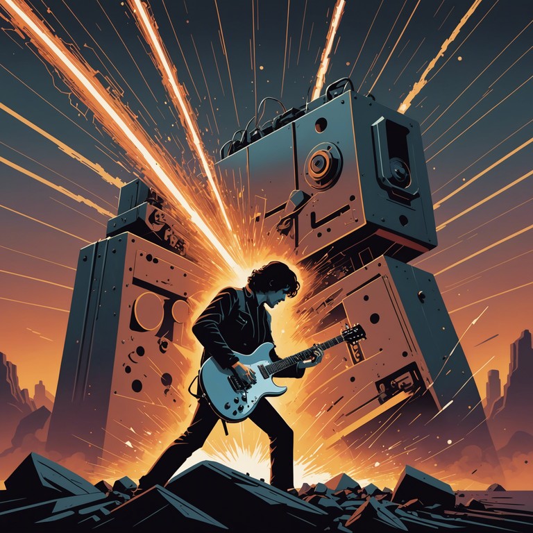 This instrumental track combines the grinding, mechanical sounds of industrial machinery with the vibrant energies of rock to evoke a scene of victory and rebellion. Thunderous drums and distorted electric guitars lay the foundation, while factory noises and metallic clinks rhythmically interplay, illustrating a soundscape where technology clashes with human triumph.