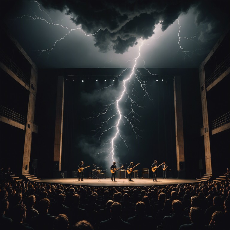 Imagine a dark night where lightning illuminates the silhouette of heroic figures, their guitars in hand, conquering the tempest with their powerful riffs and roaring symphonies echoing into the stormy abyss.