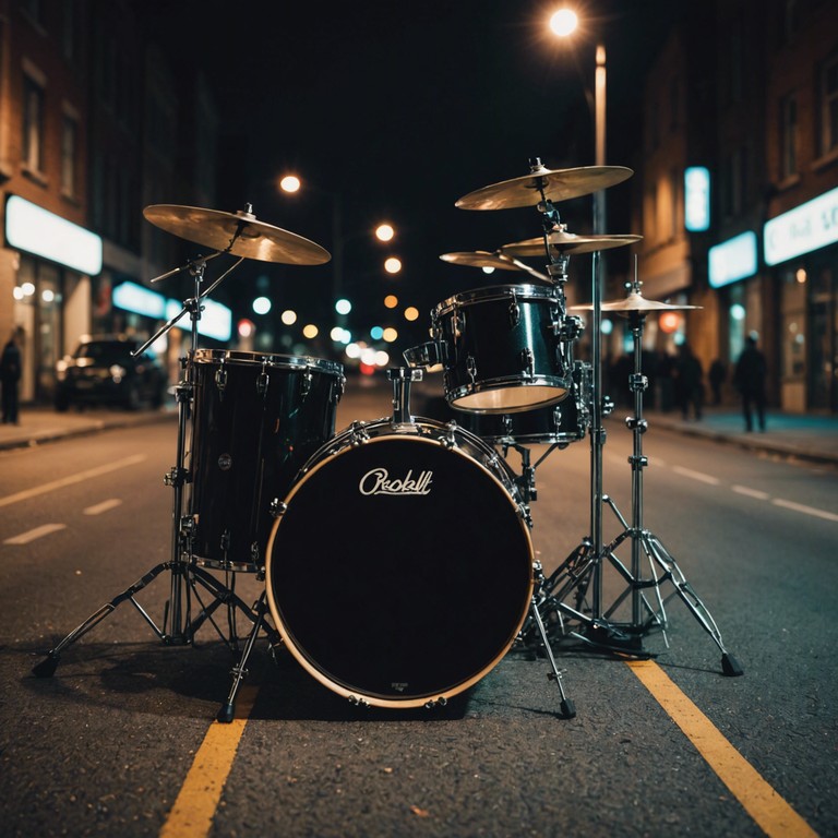 Immerse yourself in an energetic auditory exploration with throbbing drums and sounds that typify a bustling city night, engaging listeners with its raw urban vitality.