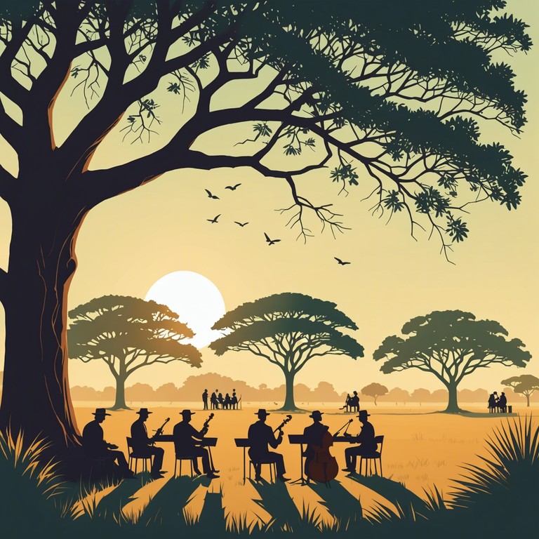 Imagine a festival celebrating african culture with everyone dancing under the bright sun, energized by the deep, resonant tones of the djembe and the high, inspiring blasts of the brass section.