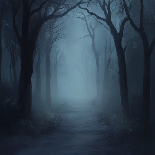 A haunting lo fi instrumental track embodying the eerie atmosphere of a forgotten pathway illuminated by the moon, with soft melodic elements creating an unsettling feeling