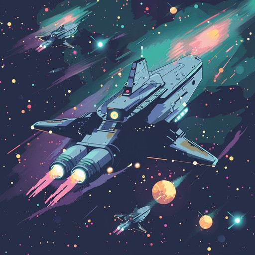 A powerful electronic odyssey that dives into the heart of space combat, merging forceful synths with orchestral grandeur. The track crescendos with sweeping melodies and thundering rhythms, evoking the sheer scale and drama of galactic warfare. Ideal for sci fi cinematic scenes and intense visual storytelling.