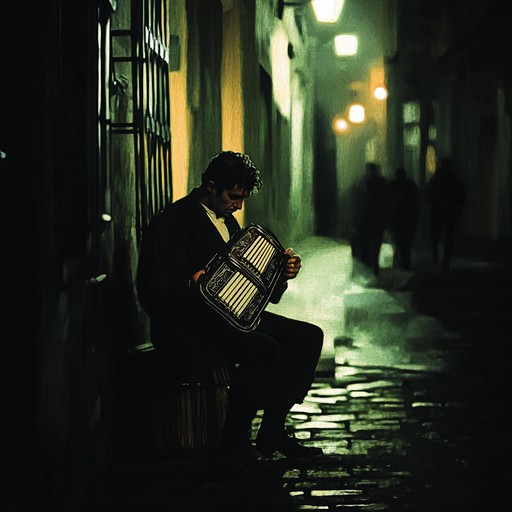 Feel the embrace of the midnight tango as sultry melodies meld with dramatic rhythms under the starlit sky, capturing the essence of an undying romance in the quiet solitude of deserted streets.