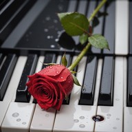 melancholic piano playing under a rainy backdrop