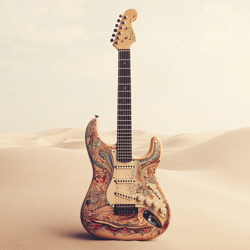 An instrumental track combining gritty funk rock with desert inspired middle eastern melodies and rhythms, featuring electric guitar and traditional instruments to create an energetic and exotic soundscape.