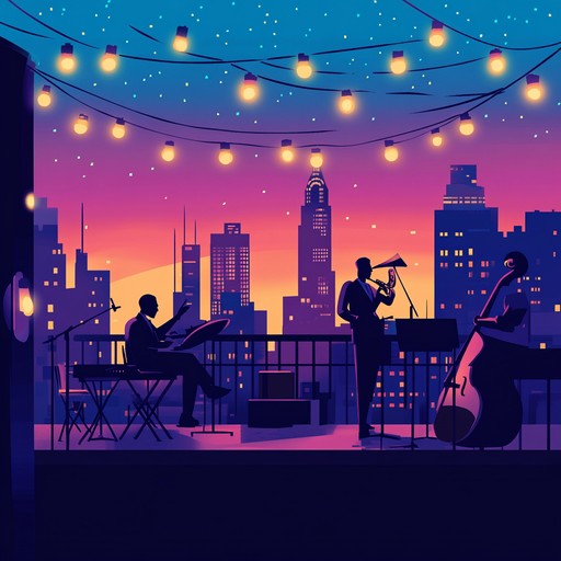 A lively instrumental swing piece that transports listeners to a bustling rooftop party in the heart of the city, with upbeat rhythms, catchy melodies, and a jubilant atmosphere that captures the essence of 1940s big band jazz.