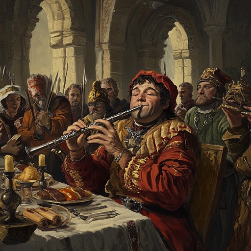 Immerse in a victorious medieval setting with a troubadour's enchanting flute melodies, harmonizing with the regal resonance of a lute, capturing the essence of a triumphant return from a noble quest. The piece swells with grandeur and joy, evoking images of historic feasts and celebrations in a grand castle hall.