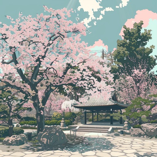 A gentle, flowing composition using traditional japanese instruments to create an atmosphere reminiscent of a peaceful anime garden filled with cherry blossoms. This piece transports listeners to a serene and timeless setting, perfect for reflective moments.