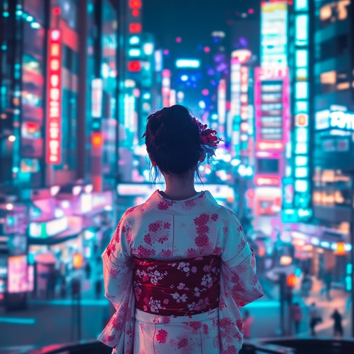 This track combines traditional japanese instruments with a synthwave backdrop, developing an evocative narrative that feels like walking through a neon lit tokyo in a distant future. Rich in atmosphere, the melody progresses with a hauntingly beautiful buildup that resonates with the soul of the city, reflecting both its ancient heritage and hyper modern present.