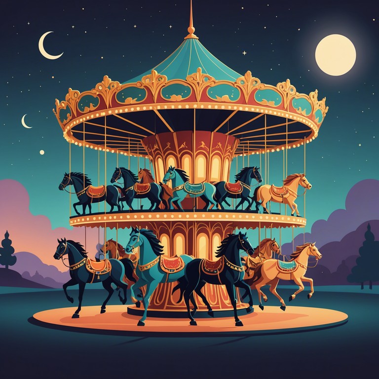 This composition features a calming melody interwoven with gentle chimes that mimic the nostalgic and whimsical atmosphere of an old time carnival. The song induces a serene yet playful environment that captivates the listener's senses, taking them on a tranquil ride on a carousel beneath a moonlit sky.