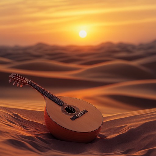 A solo oud gently plucks somber notes, accompanied by the faint sounds of desert wind, painting a sorrowful yet introspective soundscape inspired by the middle eastern environment.