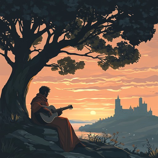 A gentle, historical tune capturing the tranquillity of a troubadour's sunset by an ancient castle. The soft guitar melody tells tales of yesteryears, complemented by ambient bird songs. Perfect for unwinding or creating a serene backdrop.