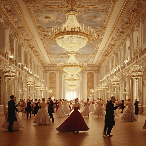 In an opulent ballroom filled with swirling gowns and tuxedos, the music leads a dance of delicate romance and subtle intrigue. The orchestration builds a graceful and elegant atmosphere, crescendoing in moments of emotional intensity and whispering sweet nostalgia during quieter passages.