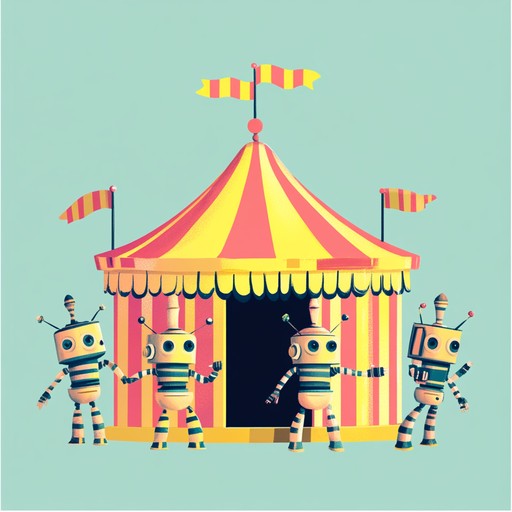 A dynamic track featuring whimsical melodies and futuristic beats, blending the playful and animated atmosphere of a circus with robotic, electronic rhythms, creating an exhilarating and unpredictable auditory experience