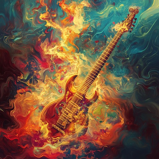 An instrumental raga rock piece blending fiery sitar melodies with electric guitar riffs, creating a passionate and energetic soundscape reminiscent of ancient and modern musical traditions colliding.