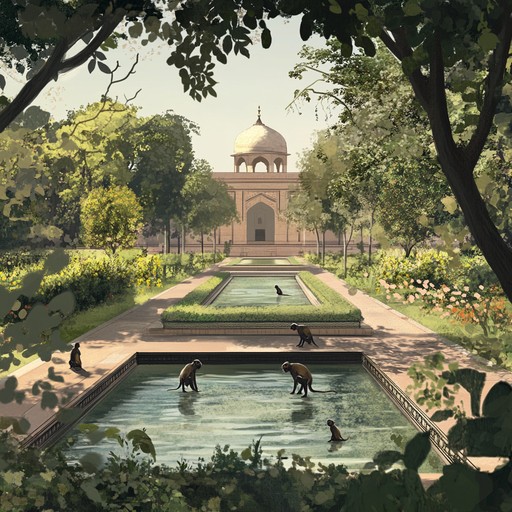 An energetic instrumental featuring hindustani melodies on sitar, illustrating the playful antics of monkeys amidst the tranquil beauty of mughal gardens.